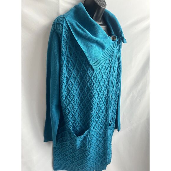 Vintage Anthony Richards Cable Knit Longline Teal Blue Cardigan Sweater Size L - Picture 6 of 12